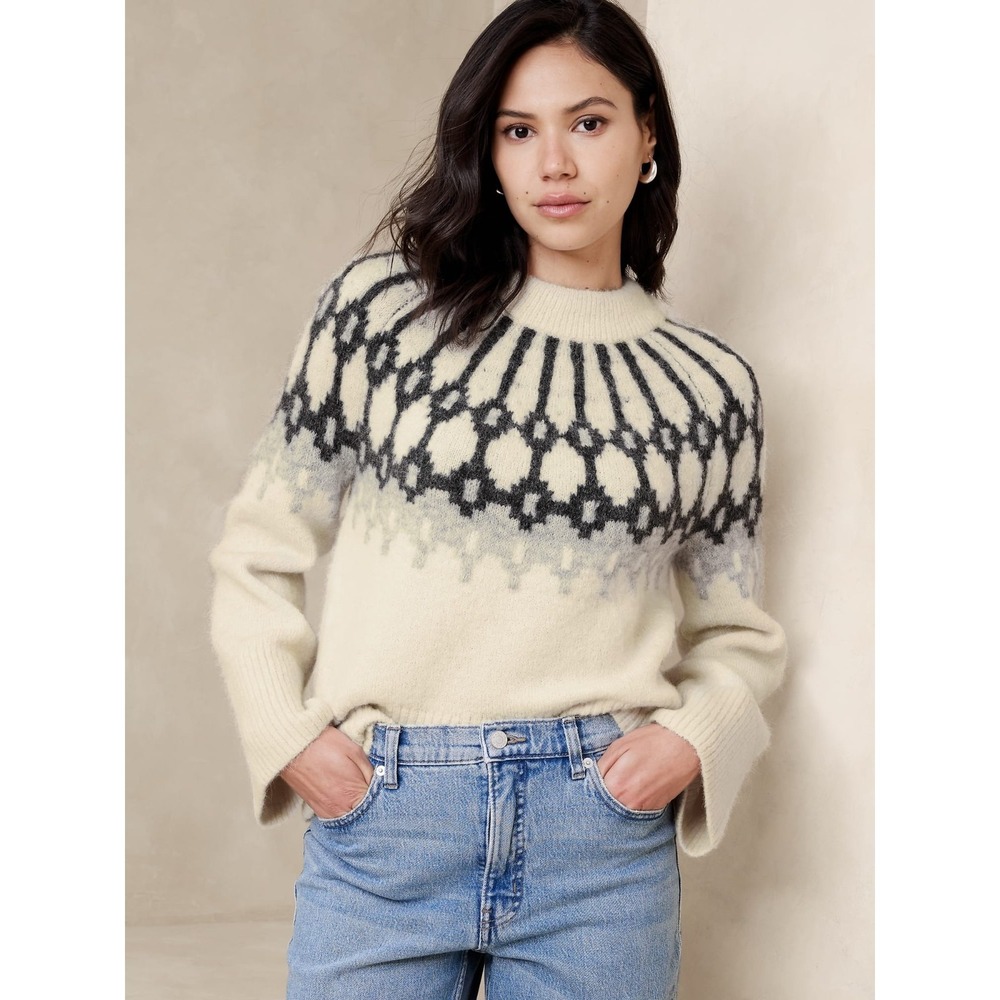 Banana Republic Alpaca Sweater Women's Medium Cream Fair Isle Mock-Neck NWT $150
